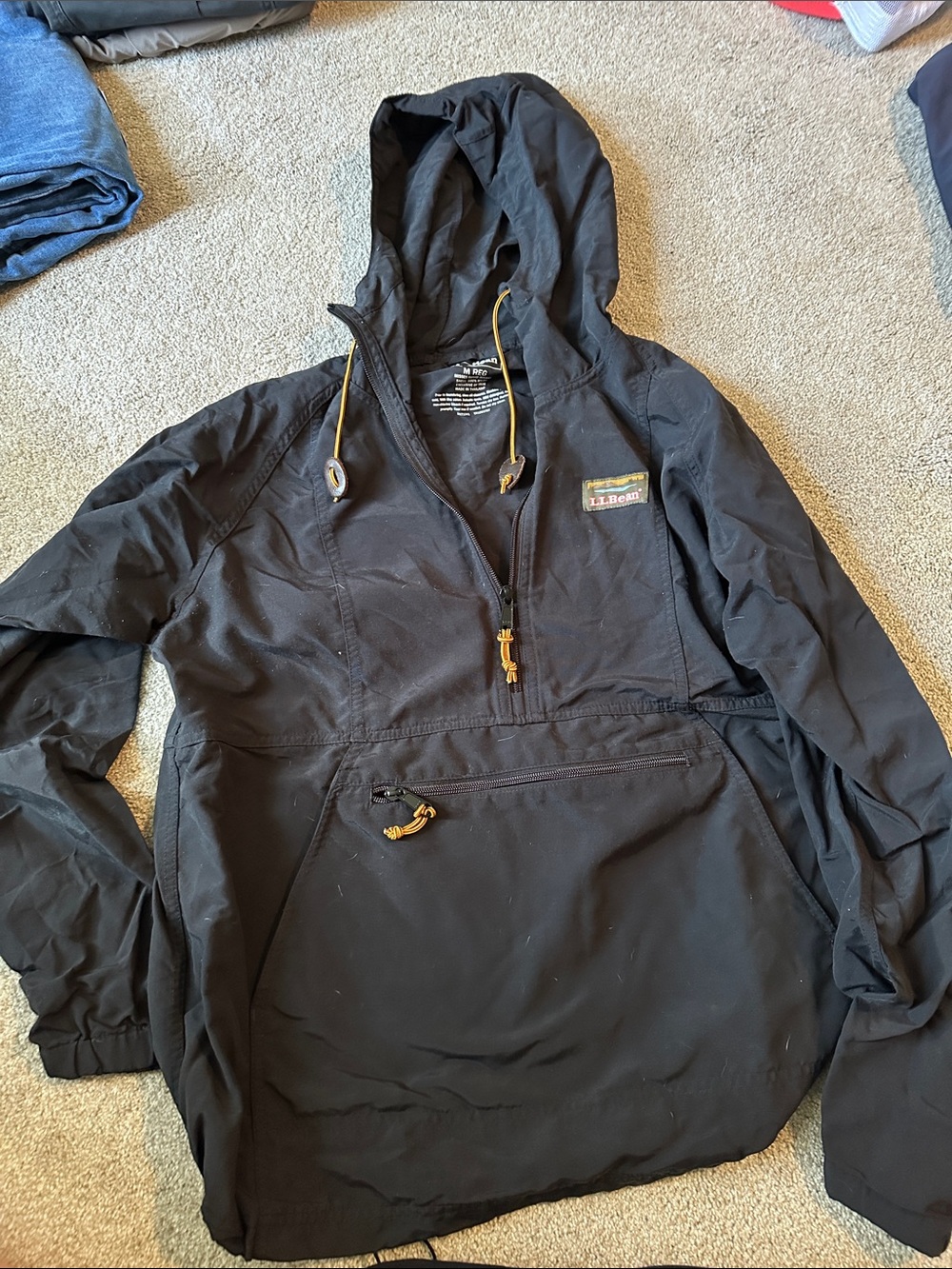 L.L. Bean Black Pullover Hooded Anorak with Yellow Drawcord Accents